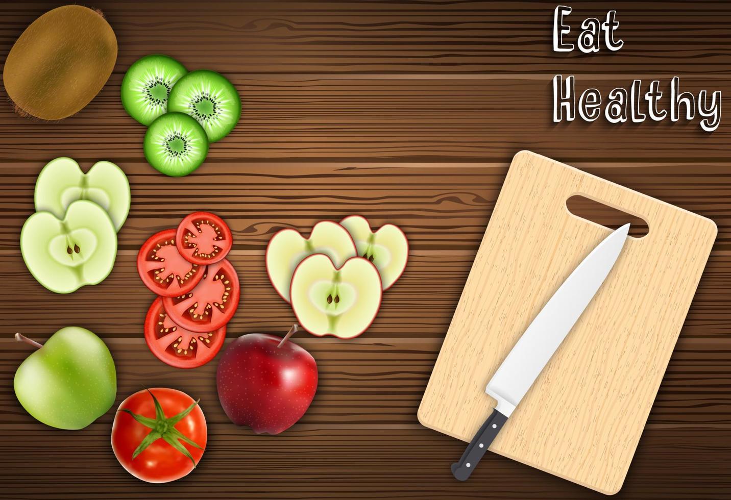 Fresh fruits slices on the table with a knife on a cutting board background vector