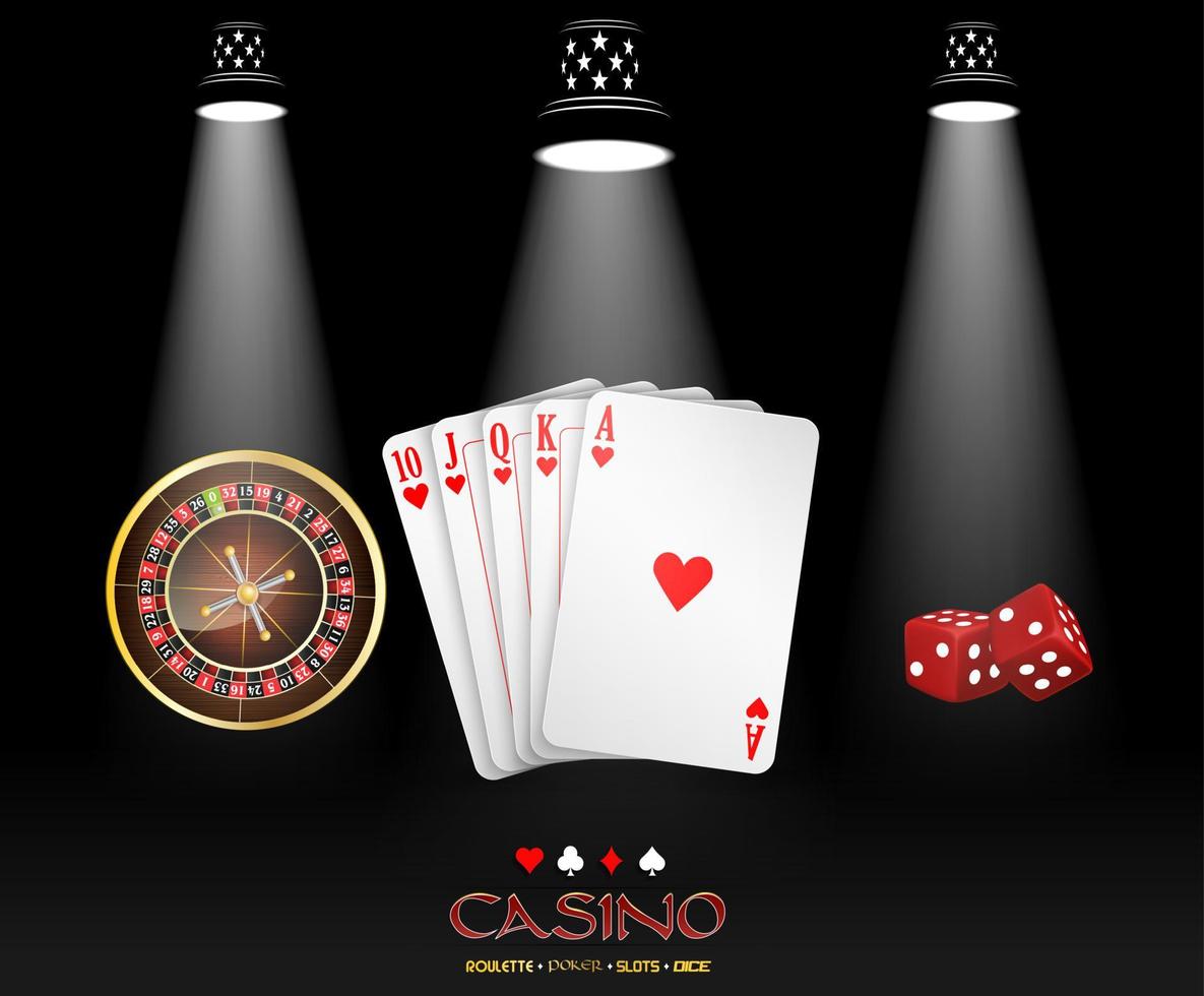 banner de casino con diseño de casino destacado con cartas, rueda de ruleta y dados. vector