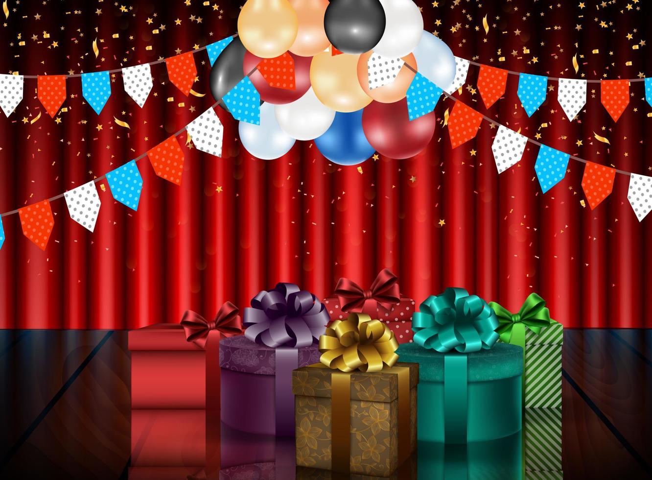 Birthday background of party with color balloons and gift boxes on curtain background vector