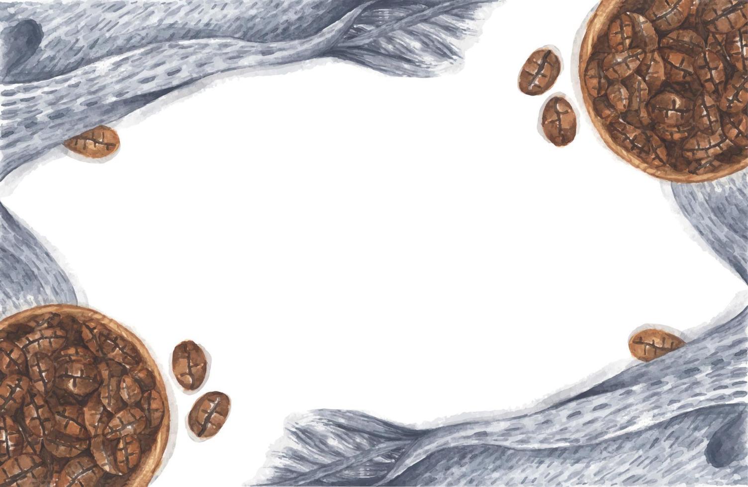 granos de café en cuenco de madera con bufanda tejida. ilustración de acuarela vector