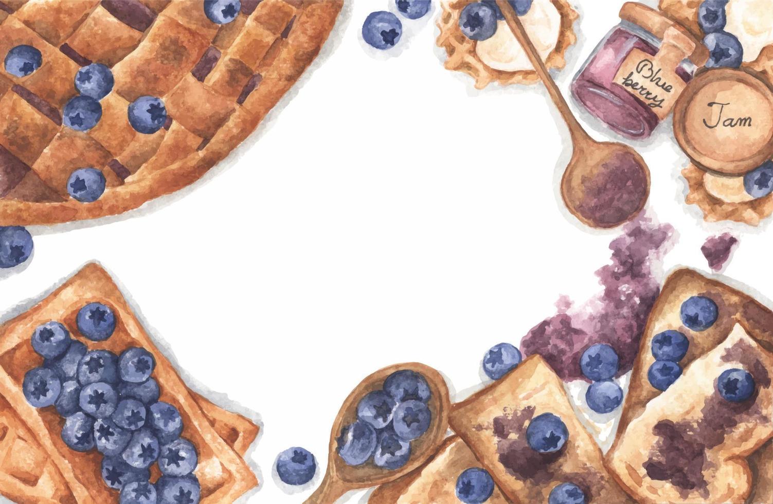 Pie, toast bread with jam, jam in jar, waffles and fresh blueberries. Watercolor illustration. vector