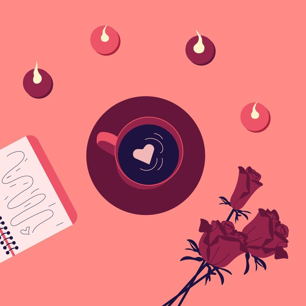 Top view romantic coffee mug with candles and roses on the table. Flat vector illustration