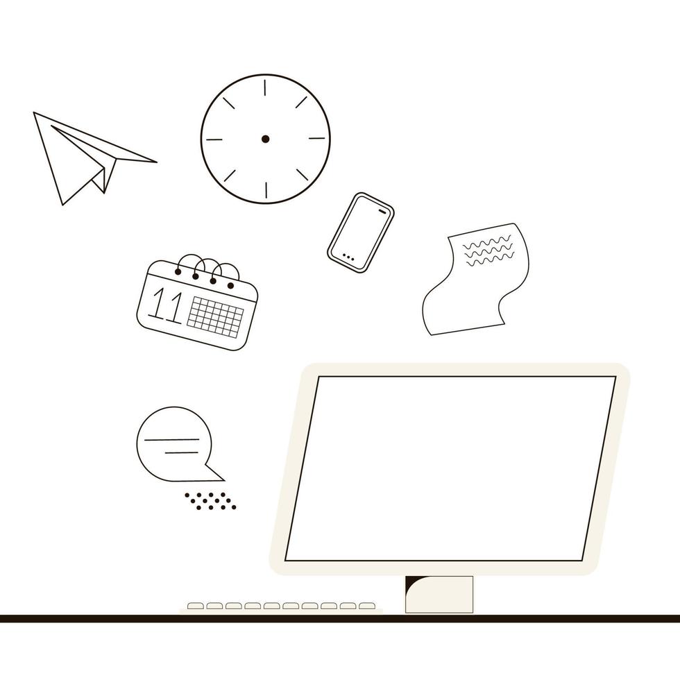 Line art business. Vector isolated illustration computer monitor