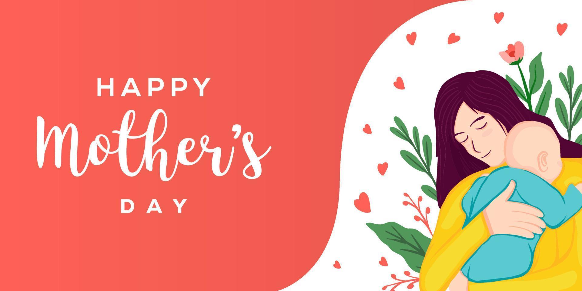 mother's day illustration background flat design with mother hugging baby and floral vector