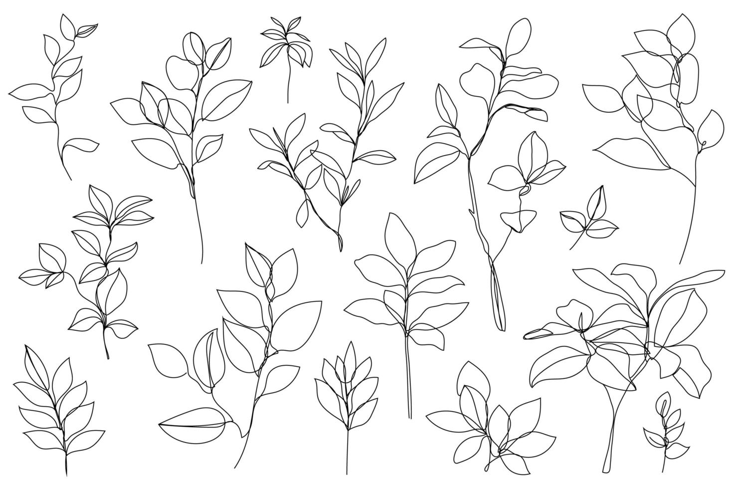 Vector set of hand drawn, single continuous line plants, leaves. Art floral elements. Use for t-shirt prints, logos, cosmetics and beauty design elements.