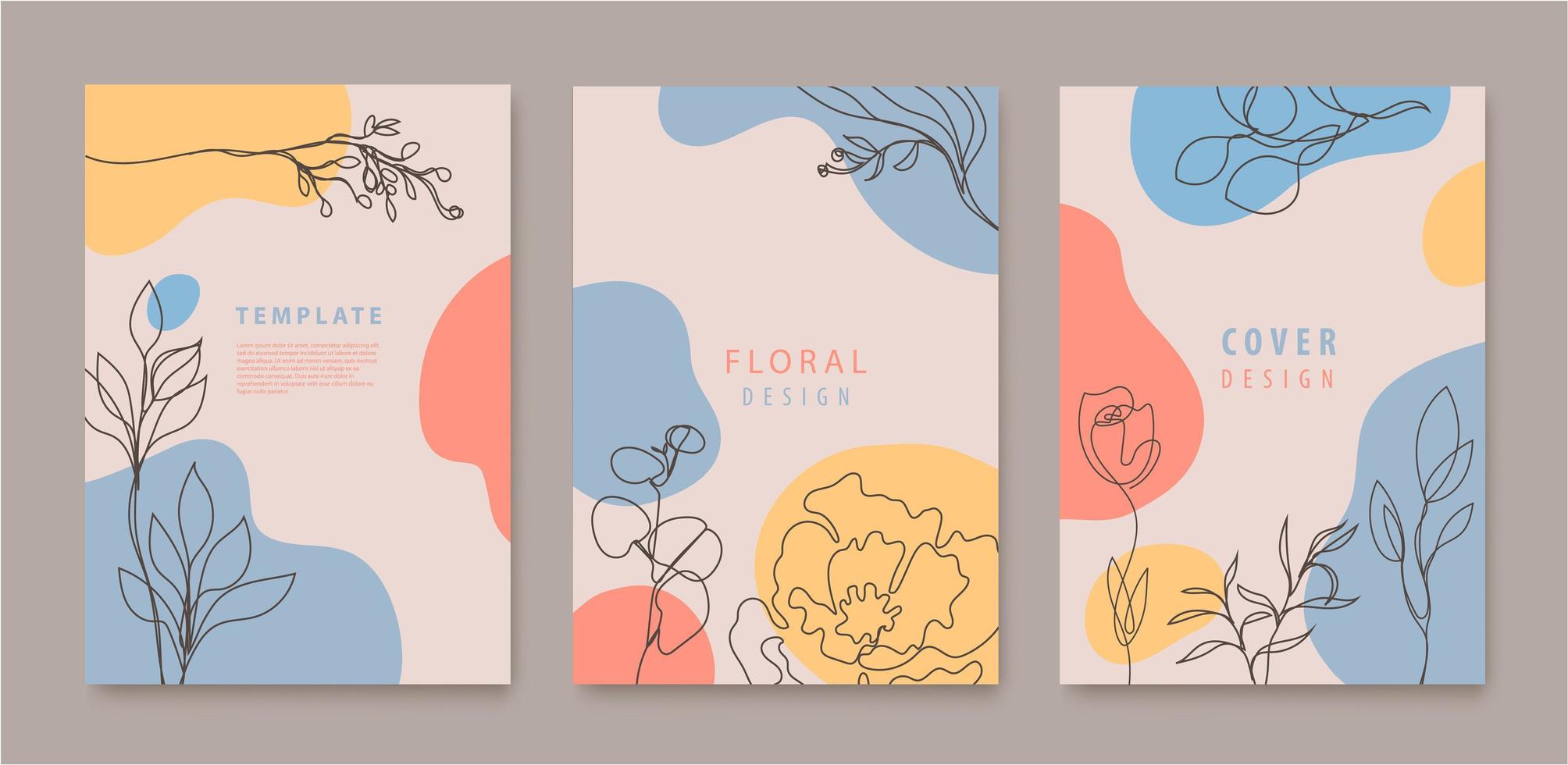 conjunto vectorial de flores de línea continua, cubiertas de hojas, pancartas, afiches, tarjetas, historias de medios sociales, plantillas de diseño de volantes. diseño de moda con ondas vector