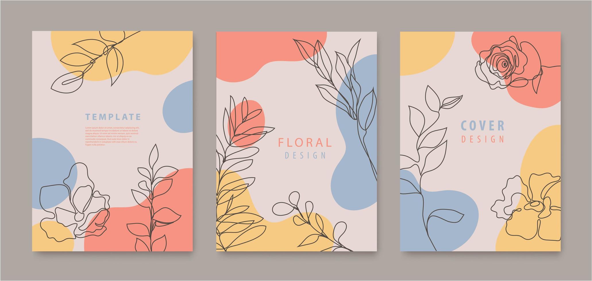 conjunto vectorial de flores de línea continua, cubiertas de hojas, pancartas, afiches, tarjetas, historias de medios sociales, plantillas de diseño de volantes. diseño de moda con ondas, color pastel vector