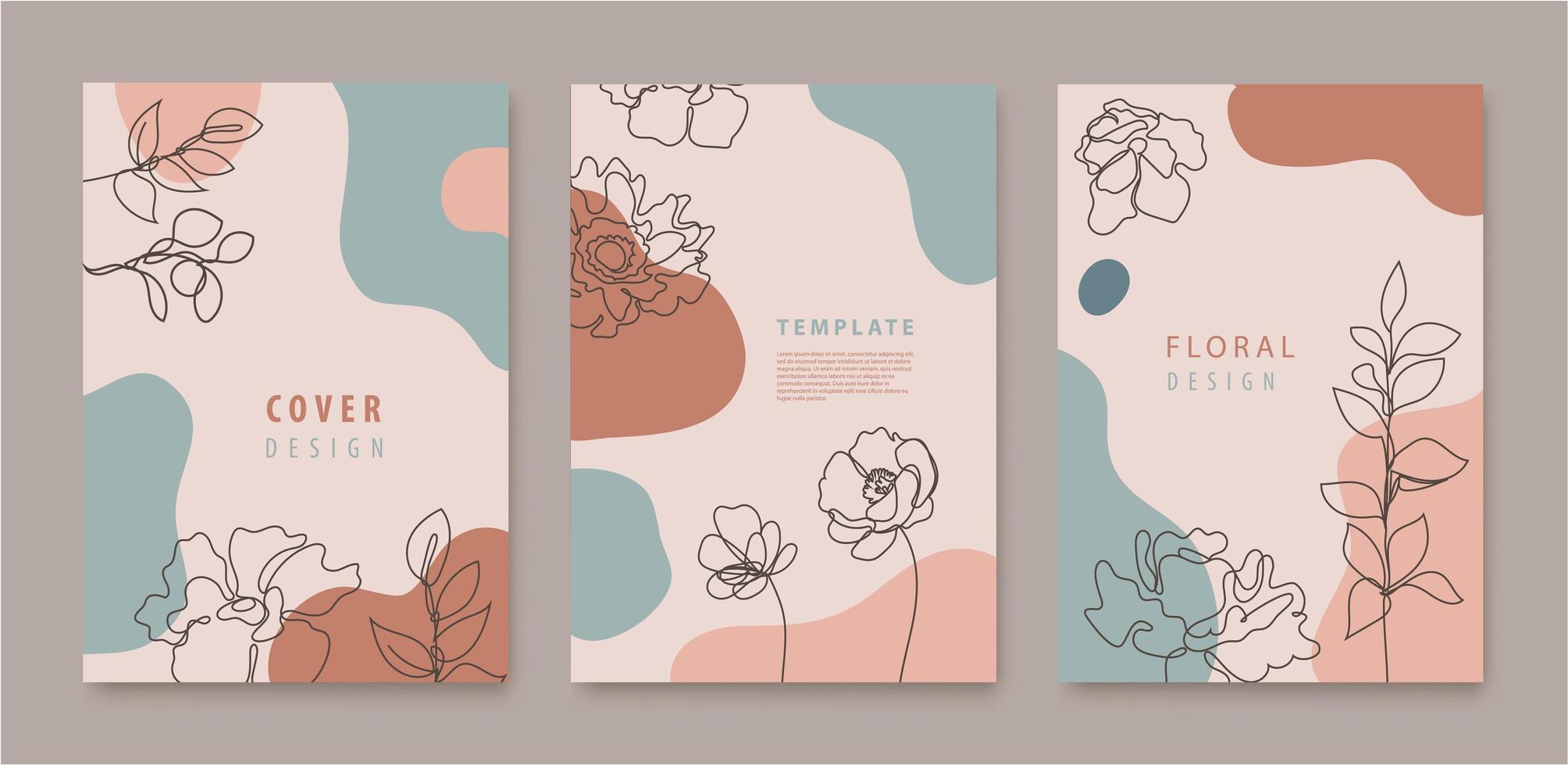 conjunto vectorial de flores de línea continua, cubiertas de hojas, pancartas, afiches, tarjetas, historias de medios sociales, plantillas de diseño de volantes. diseño de moda con ondas vector