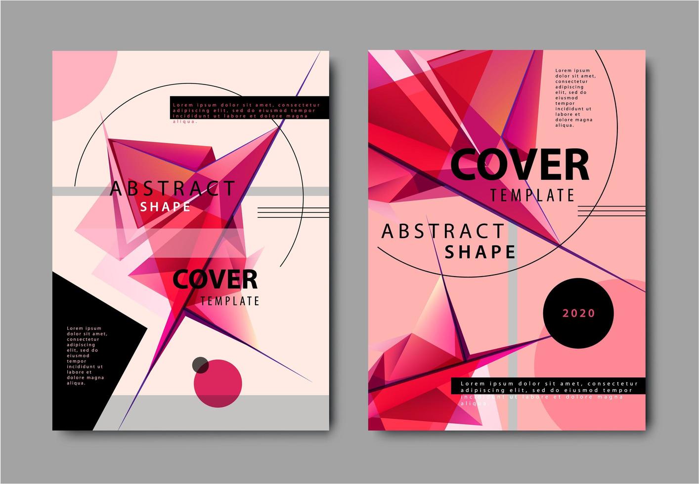 Vector set of abstract geometric covers, red facet flyers, design template. Music posters