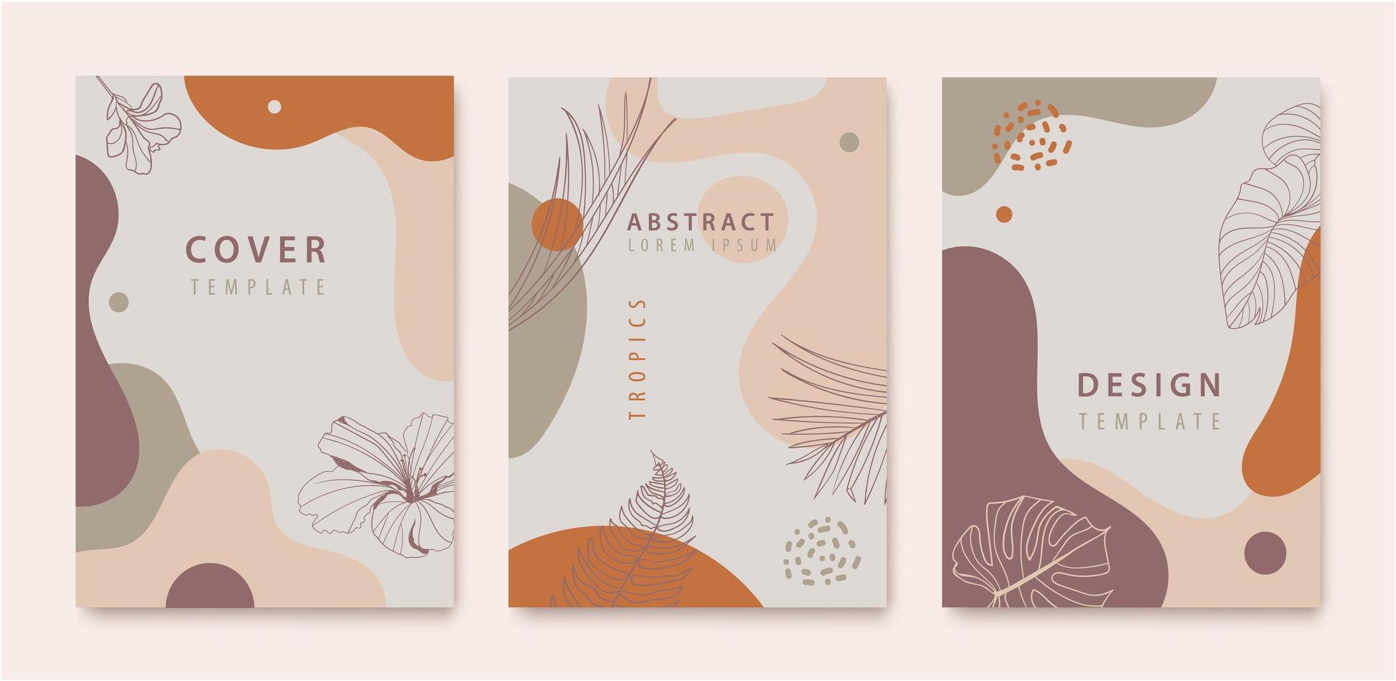 Set of vector abstract creative universal artistic templates with tropic leaves, flowers. Wavy minimalist style. Use for poster, card, invitation, flyer, cover, banner, placard