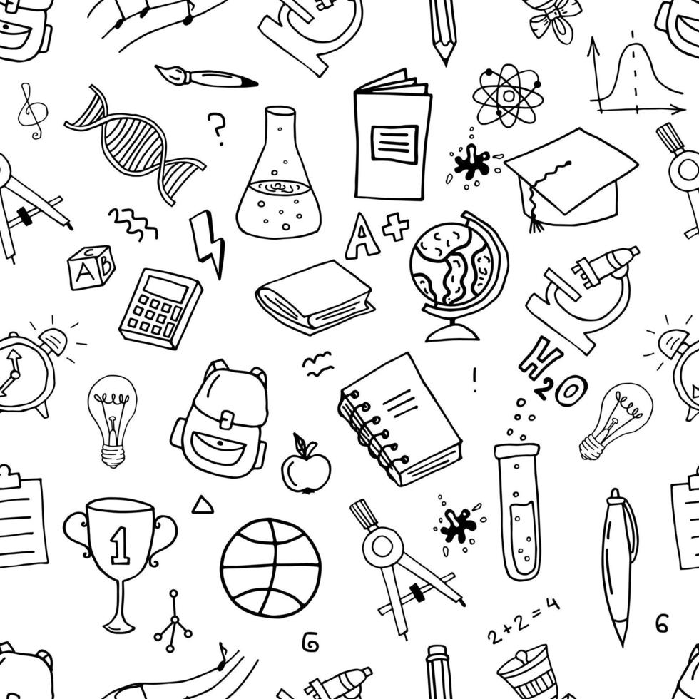 Sketchy Vector Hand Drawn Doodle Cartoon Set Of School Objects And Symbols. Seamless Pattern On Black Background
