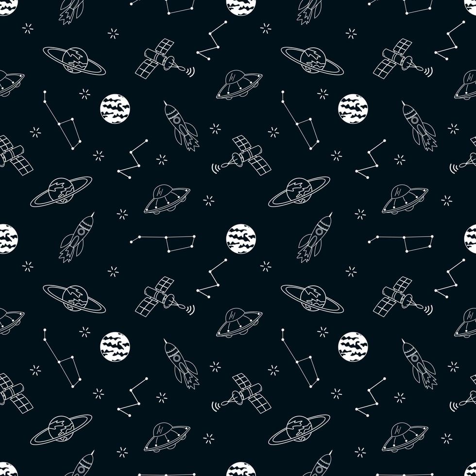 Hand Drawn Space Elements Seamless Pattern. Vector Outline Illustrations For Tshirt Prints, Posters And Other Uses.