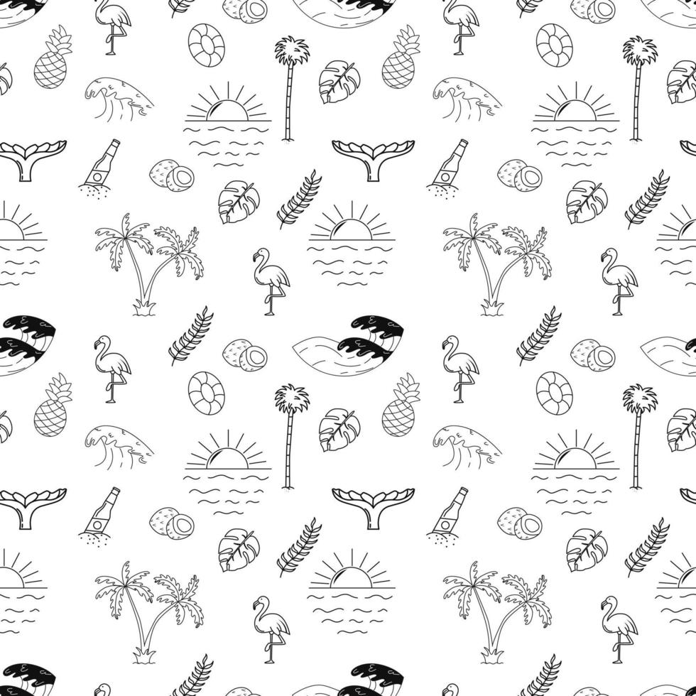 Seamless Pattern With Palm Trees, Waves, Sun And Other Elements. Outline Vector Illustration For Tshirt Prints, Posters And Other Uses.