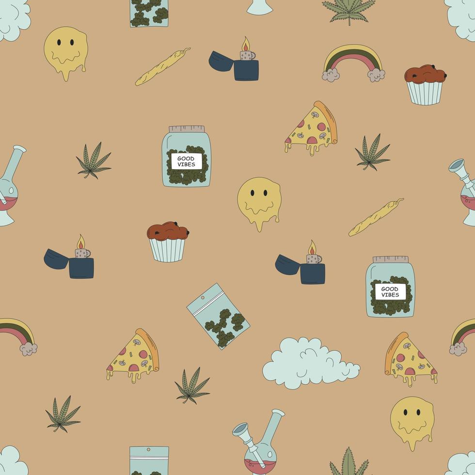 Hand Drawn Cannabis, Marijuana Elements Seamless Pattern. Lighter, Pizza, Cupcakes And More. Vector Flat Illustrations