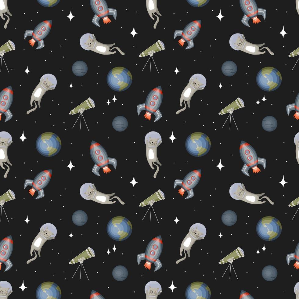 Doodle Seamless Pattern With Space Theme. Planets, Stars, Rockets On A Black Background. Cute Flat Vector Illustration.