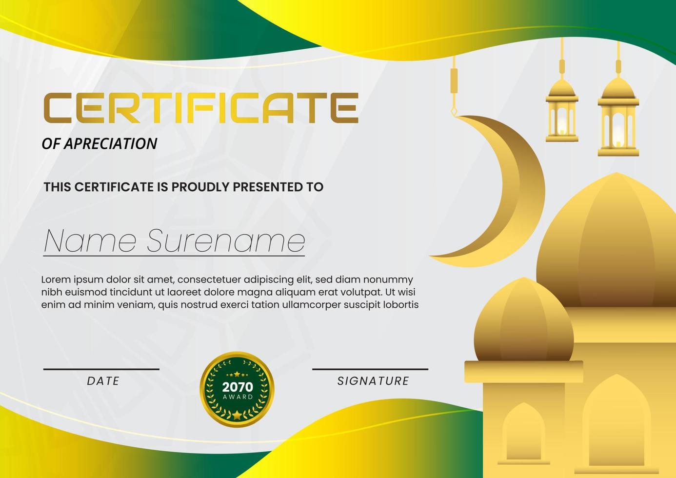 Certificate with Mosque Background and Green Gold Color Suitable for Ramadan Concept Template vector