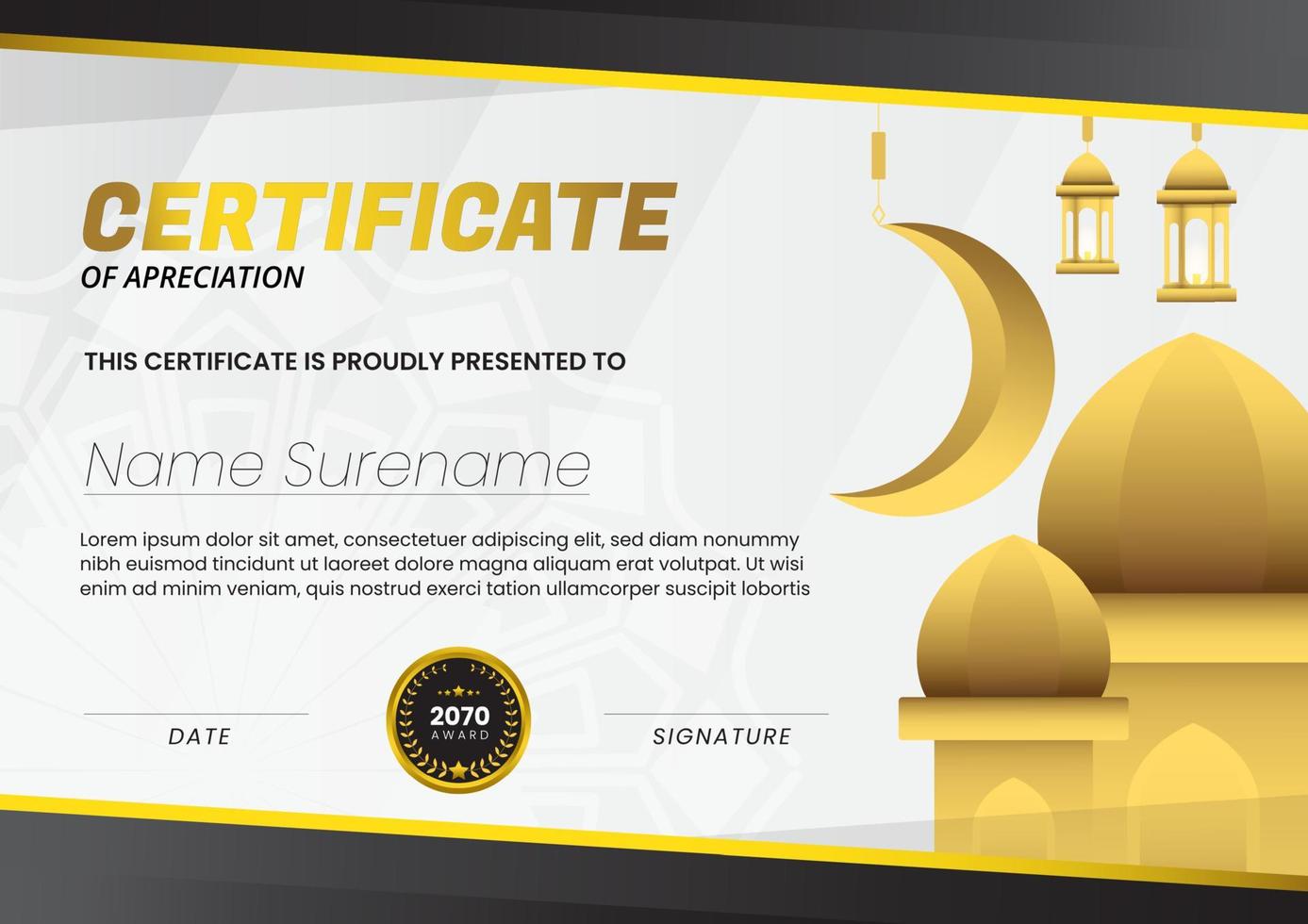 Certificate with Mosque Background and Black Gold Color Suitable for Ramadan Concept Template vector