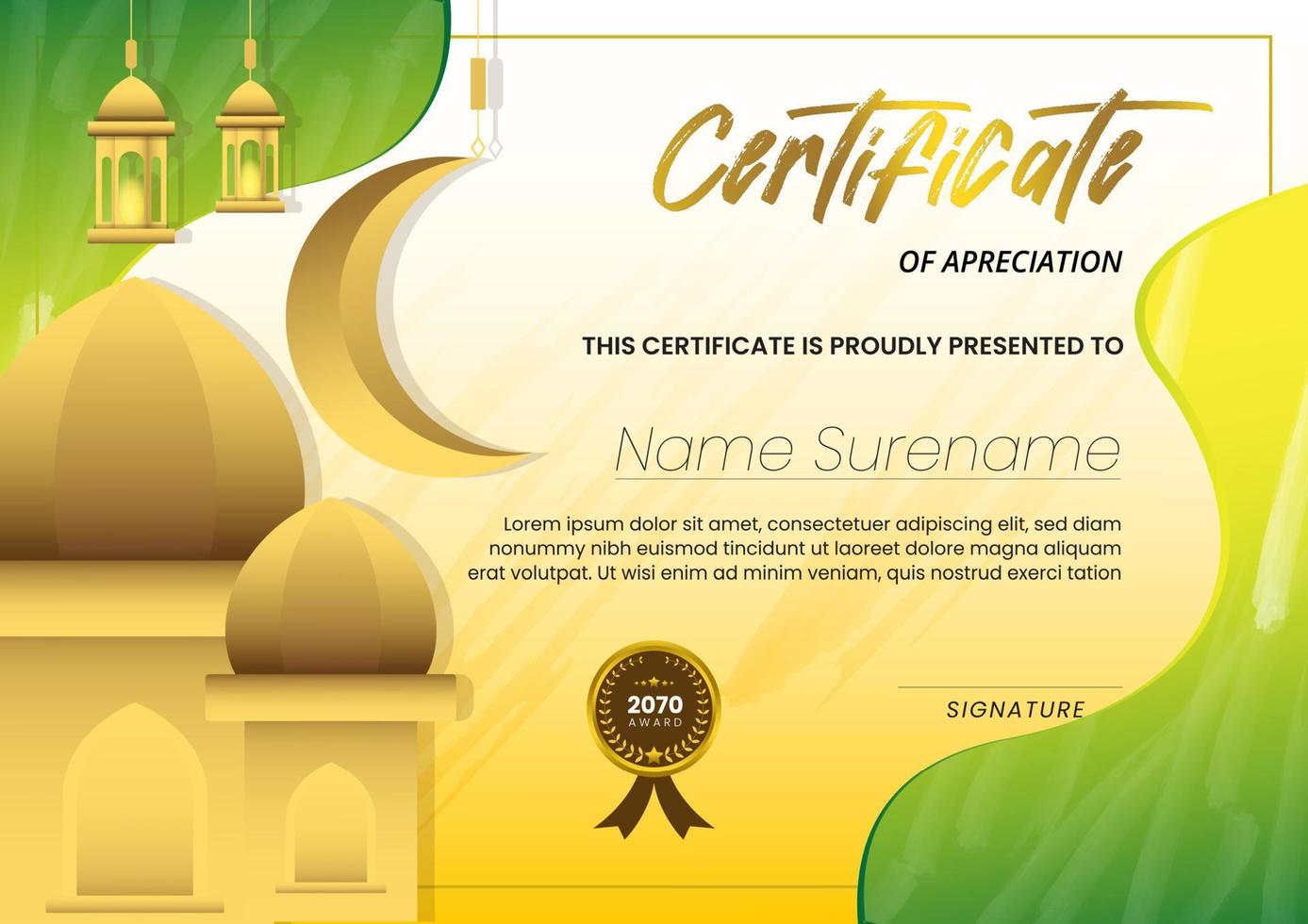 Certificate with Mosque Background and Green Gold Watercolor Suitable for Ramadan Concept Template vector