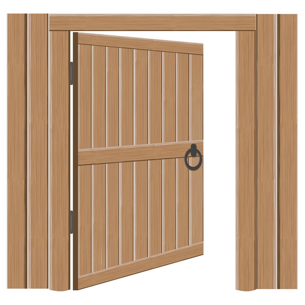 viejas puertas abiertas masivas de madera, ilustración vectorial. puerta única con manijas y bisagras de hierro vector