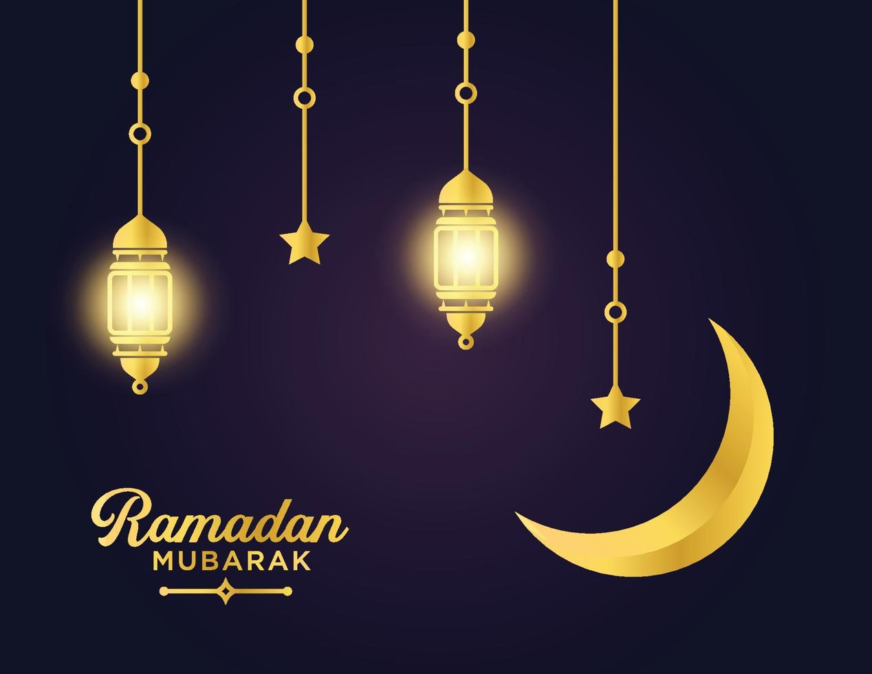 pancarta dorada de ramadán mubarak y plantilla de afiche con linternas iluminadas colgadas y luna creciente con estrella vector