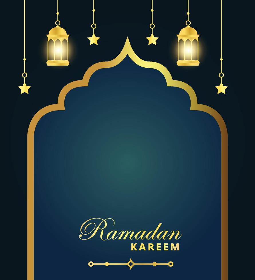 banner dorado de ramadan mubarak y plantilla de póster con espacio de copia y linternas iluminadas colgando y decoración de estrellas vector