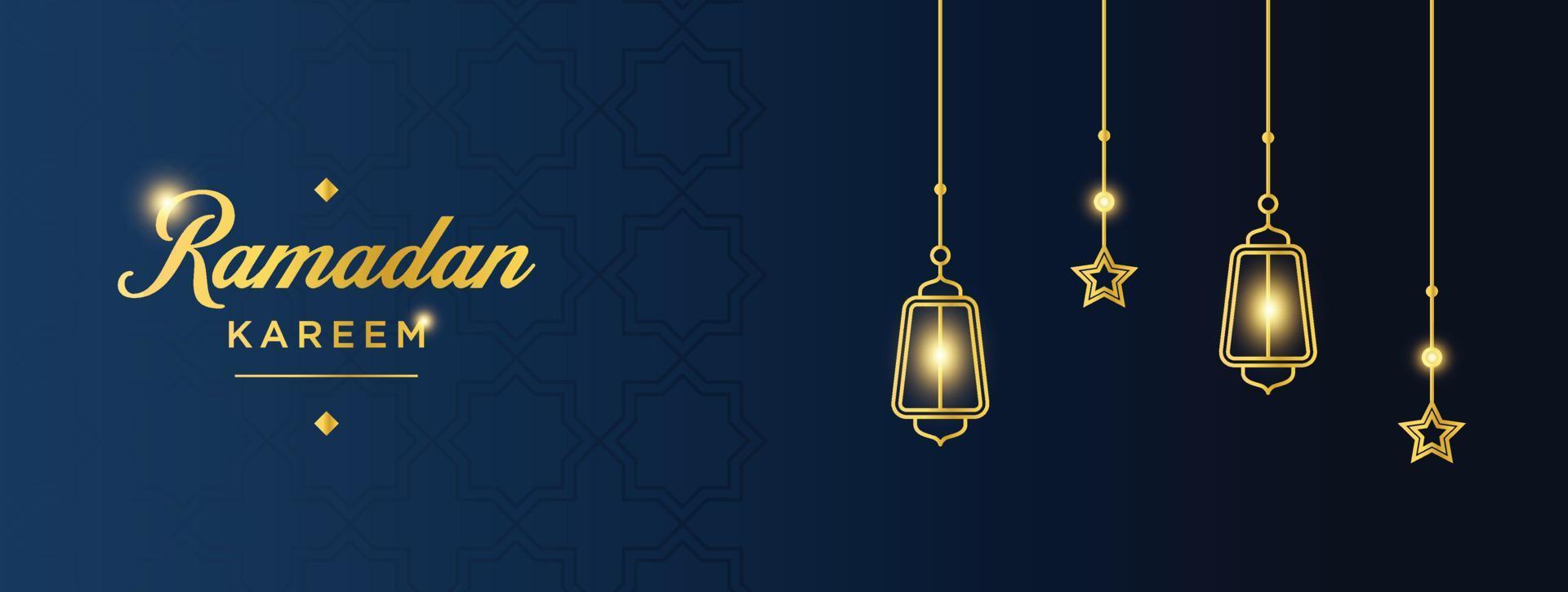 bandera de ramadán kareem. plantilla gráfica de vacaciones islámicas de ramadán con adorno dorado y luz vector