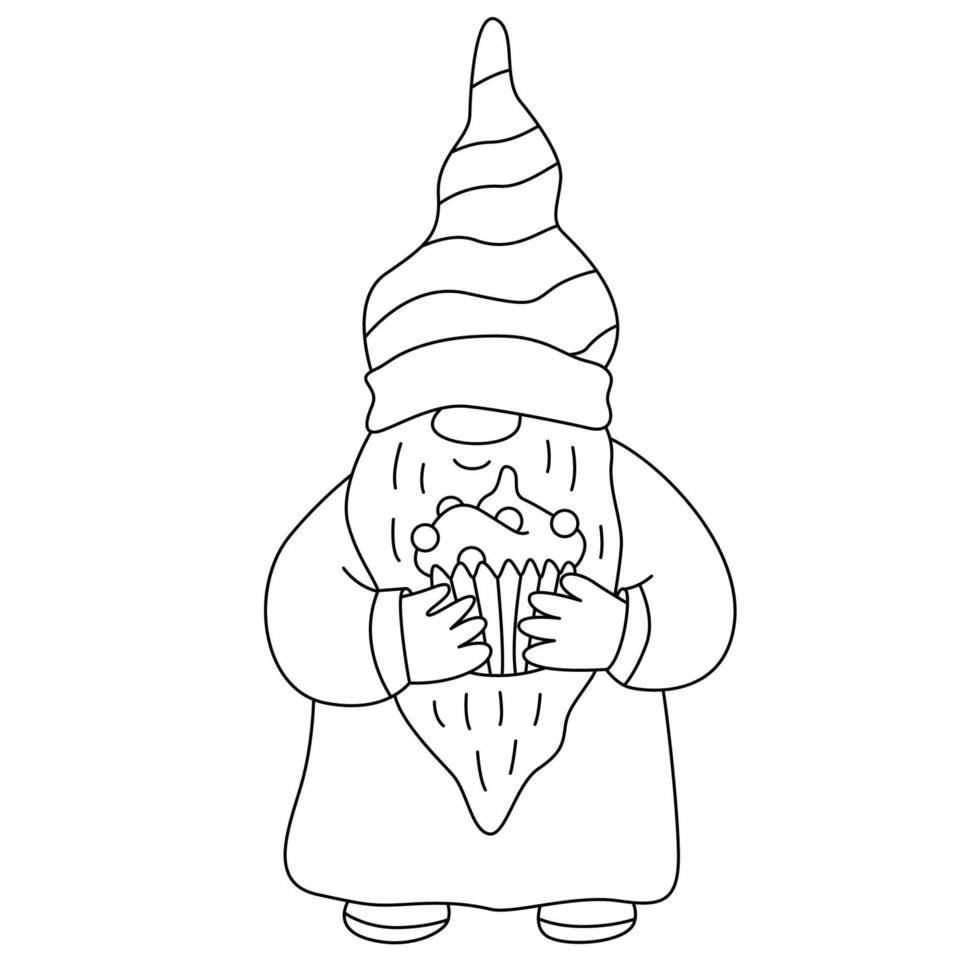 Funny gnome with an  Easter cake. Doodle hand drawn illustration black outline. Great for greeting cards, coloring books. vector