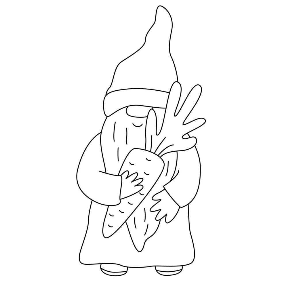 Easter funny gnome with carrot. Doodle hand drawn illustration black outline. Great for greeting cards, coloring books. vector