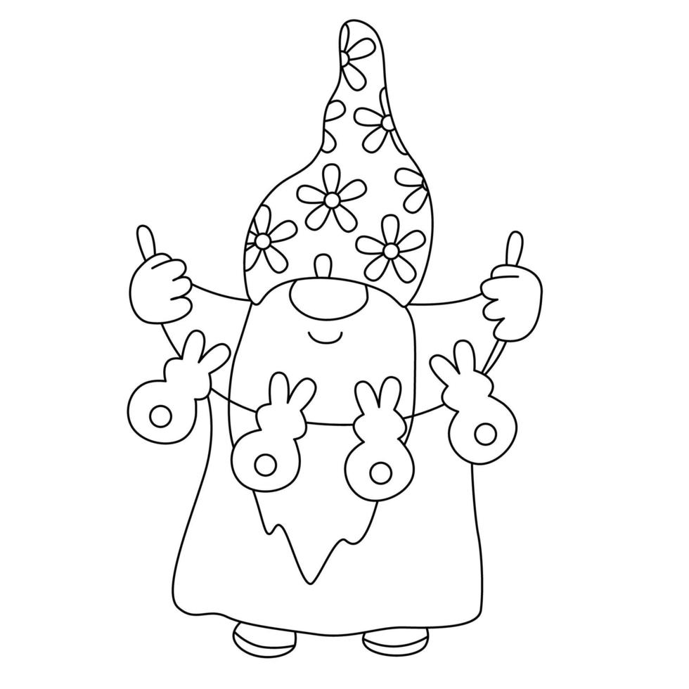 Easter funny gnome with garland. Doodle hand drawn illustration black outline. Great for greeting cards, coloring books. vector
