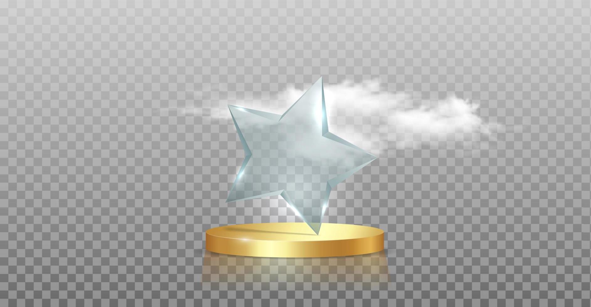 trofeo de cristal con forma de estrella en la pantalla de estudio de la plataforma dorada 3d y nubes esponjosas. piso de pedestal de moda. podio de escaparate de escenario de lujo, ilustración vectorial aislada en fondo transparente vector