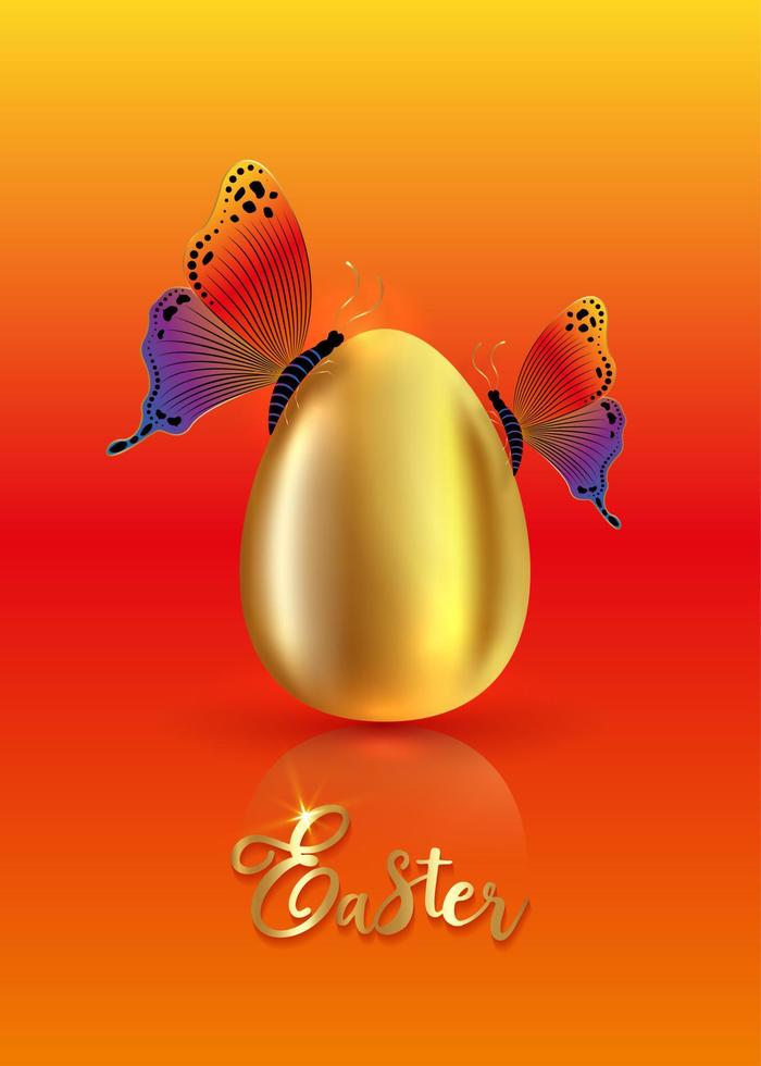Realistic golden egg with luxury colorful butterflies, Easter concept vector illustration isolated on orange spring colors background