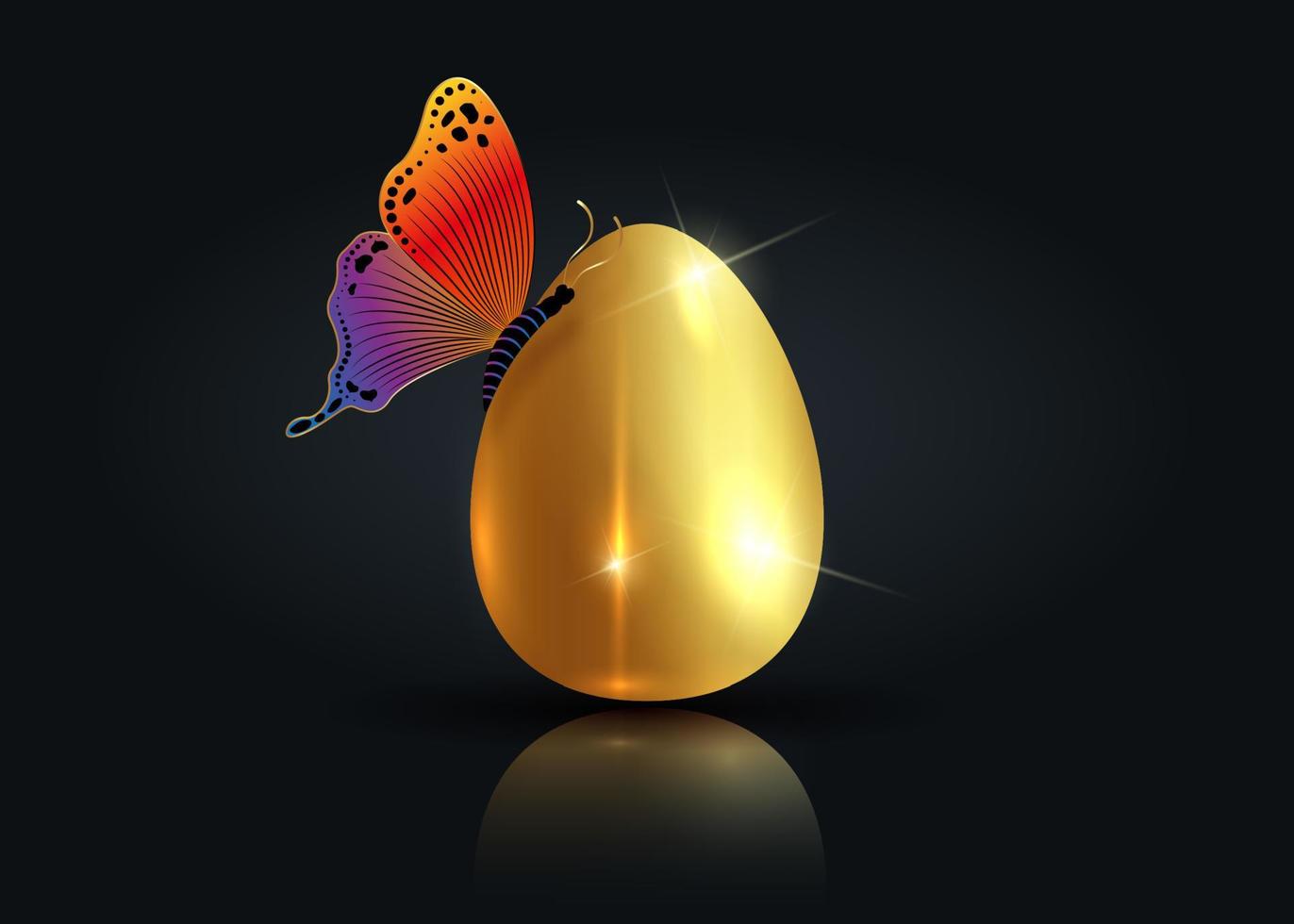 Realistic golden egg with luxury colorful butterfly, Easter concept vector illustration isolated on black background