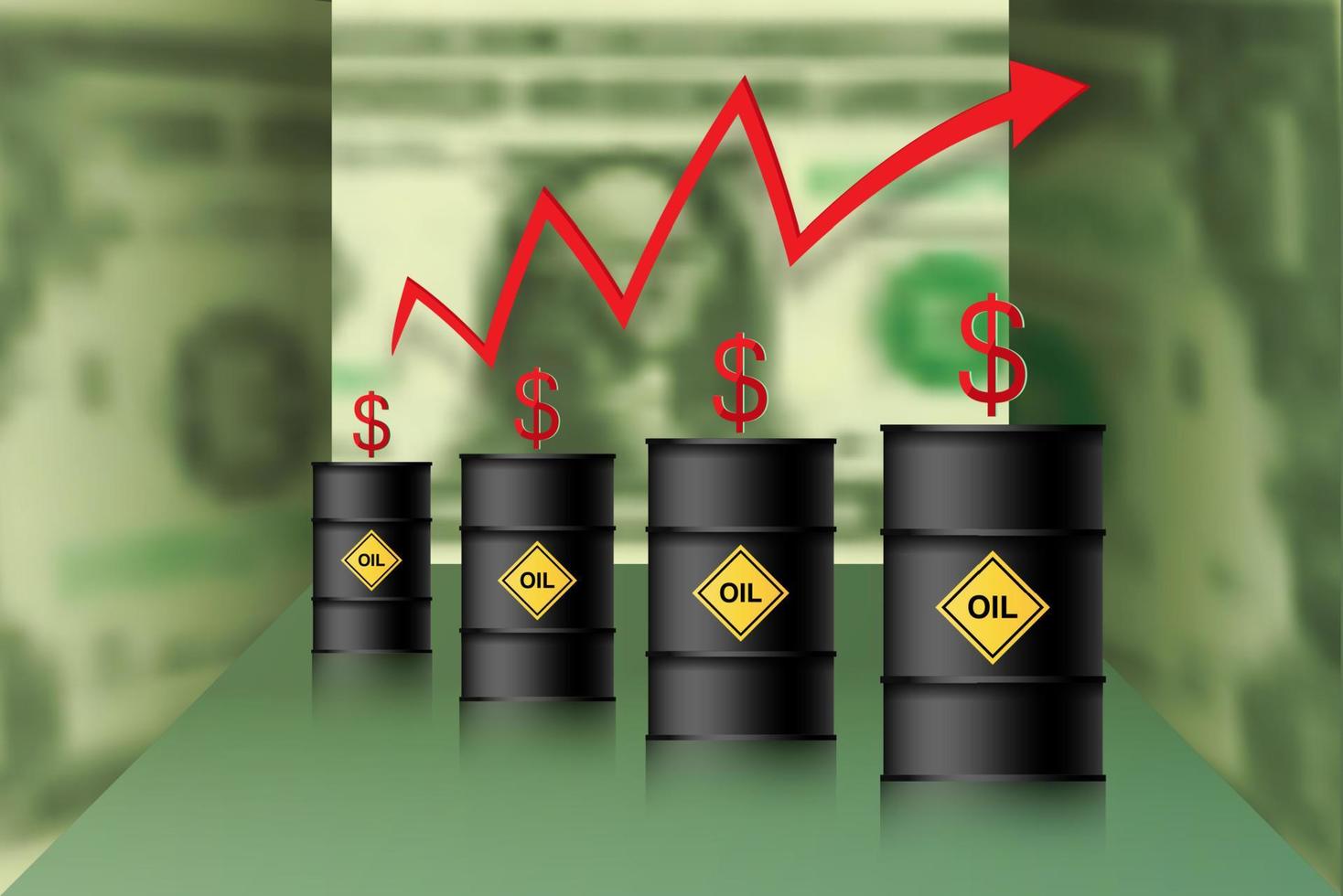 The price of oil is rising. Barrels of oil, dollar and infographics with a red up arrow. Rising crude oil prices concept, vector illustration isolated on 3D green dollars background