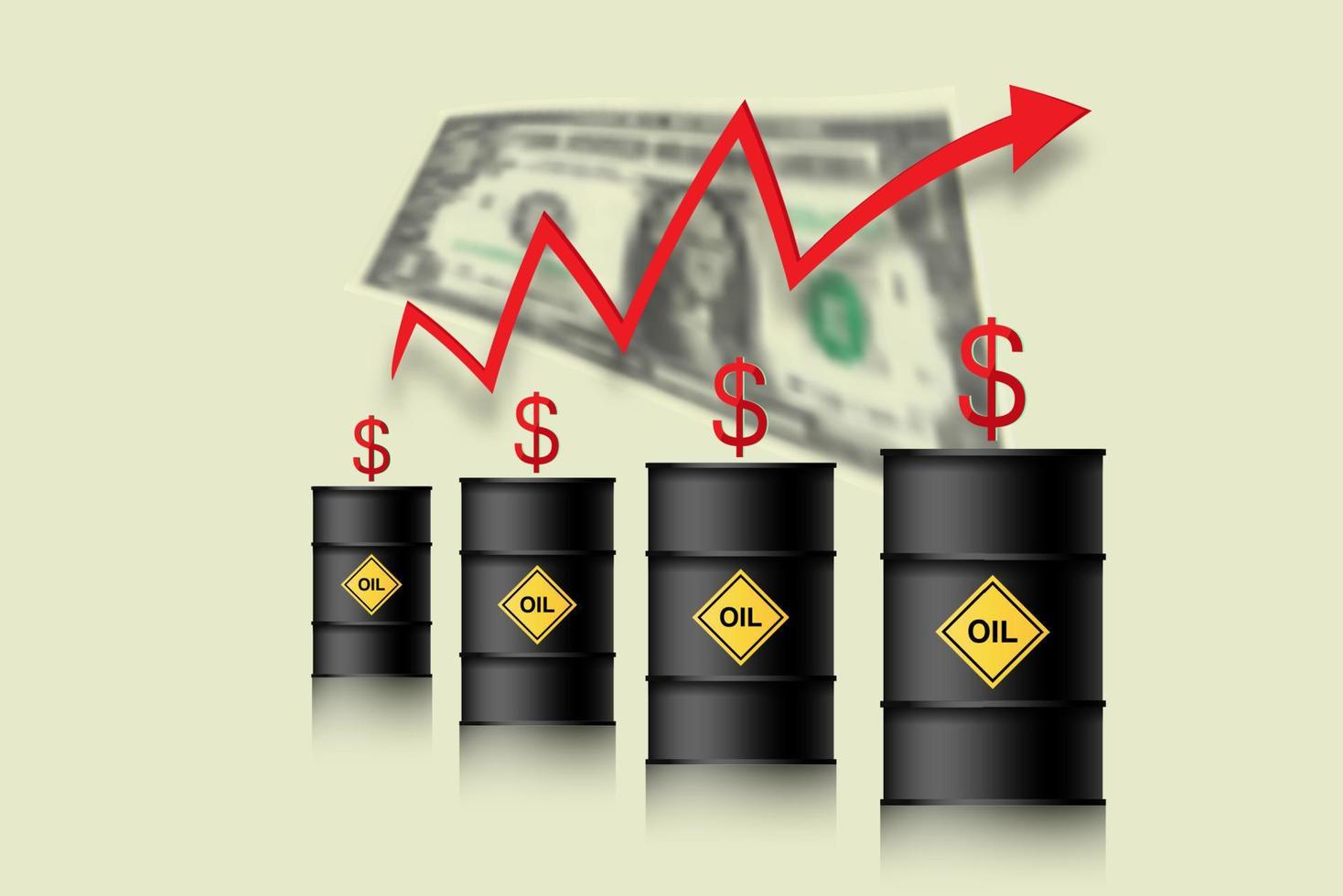 el precio del petróleo está subiendo. barriles de petróleo, dólar e infografía con una flecha roja hacia arriba. concepto de aumento de los precios del petróleo crudo, ilustración vectorial aislada en el fondo blanco vector