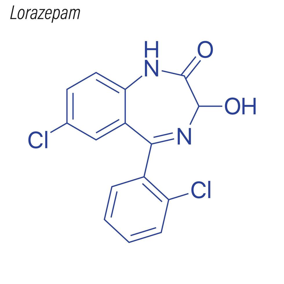Vector Skeletal formula of Lorazepam. Drug chemical molecule.