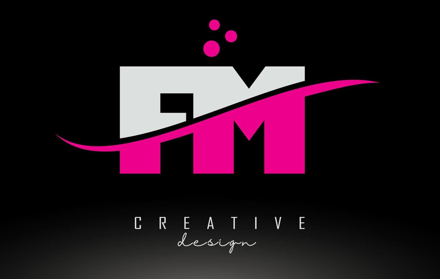 FM F M white and pink Letter Logo with Swoosh and dots. vector