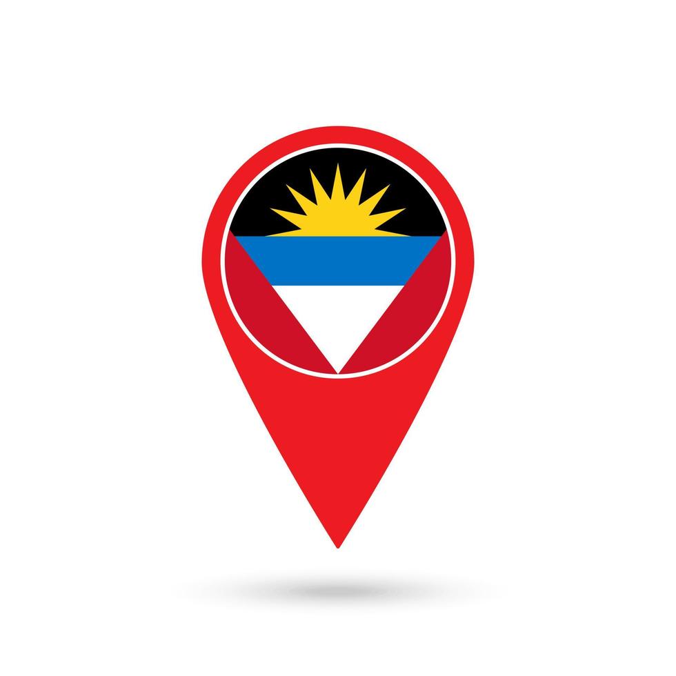 Map pointer with country Antigua and Barbuda. Antigua and Barbuda flag. Vector illustration.