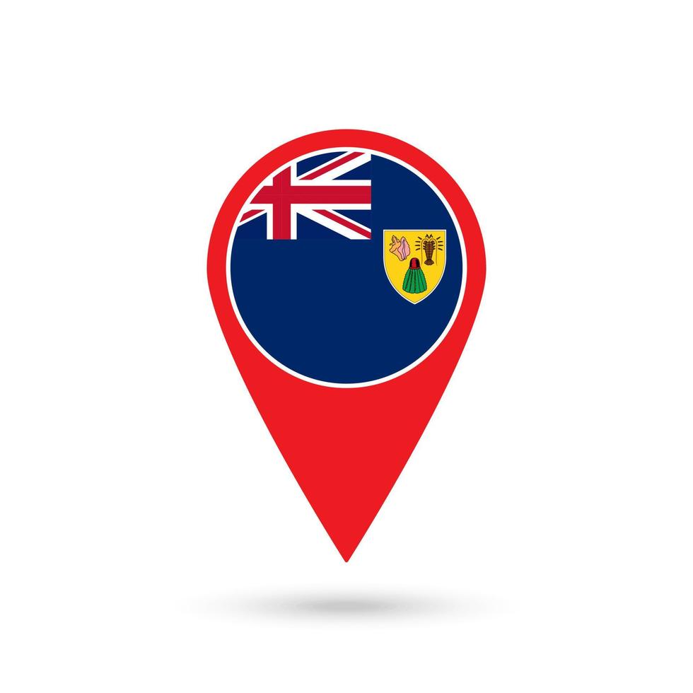 Map pointer with country Turks and Caicos Islands. Turks and Caicos Islands flag. Vector illustration.