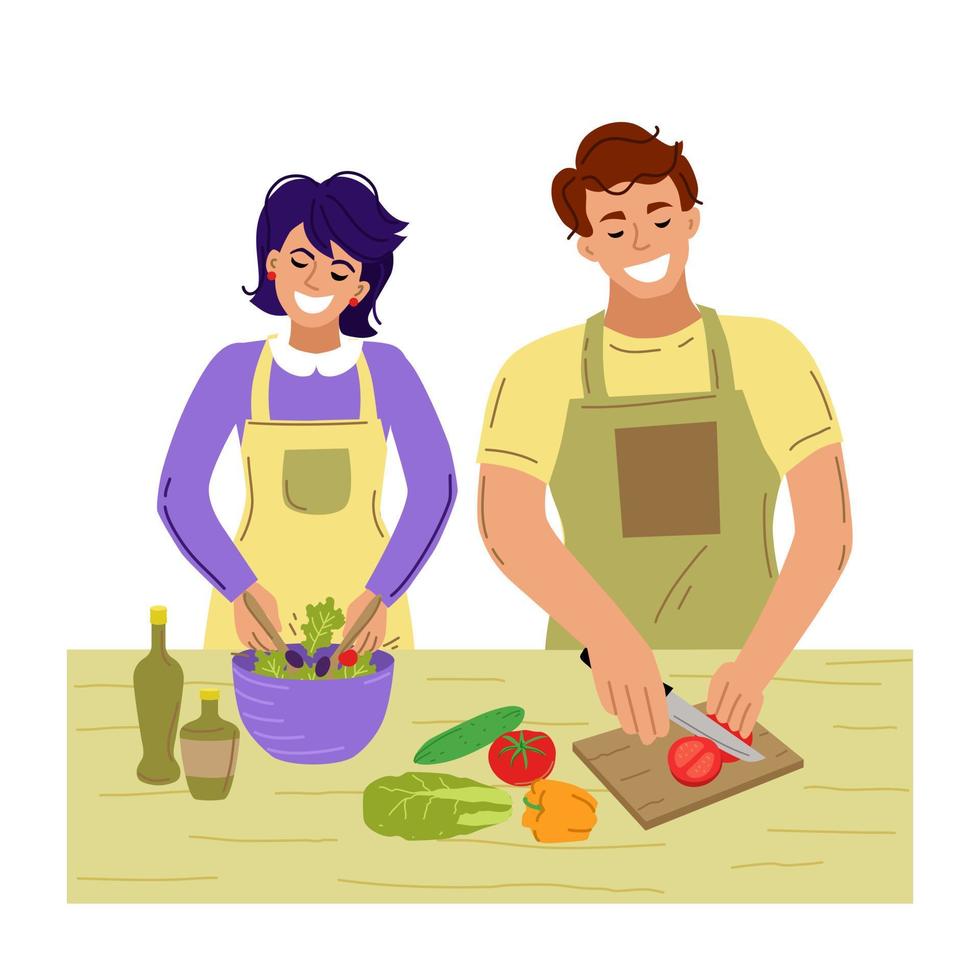 couple cooks together. Cooking at home. Vector illustration.