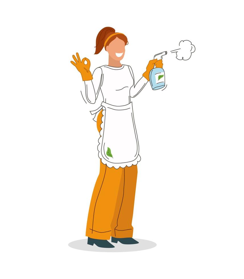 Girl worker with a gesture with his fingers OK, and a cleaning tool on white background. Advertising of a cleaning company. Vector illustration.