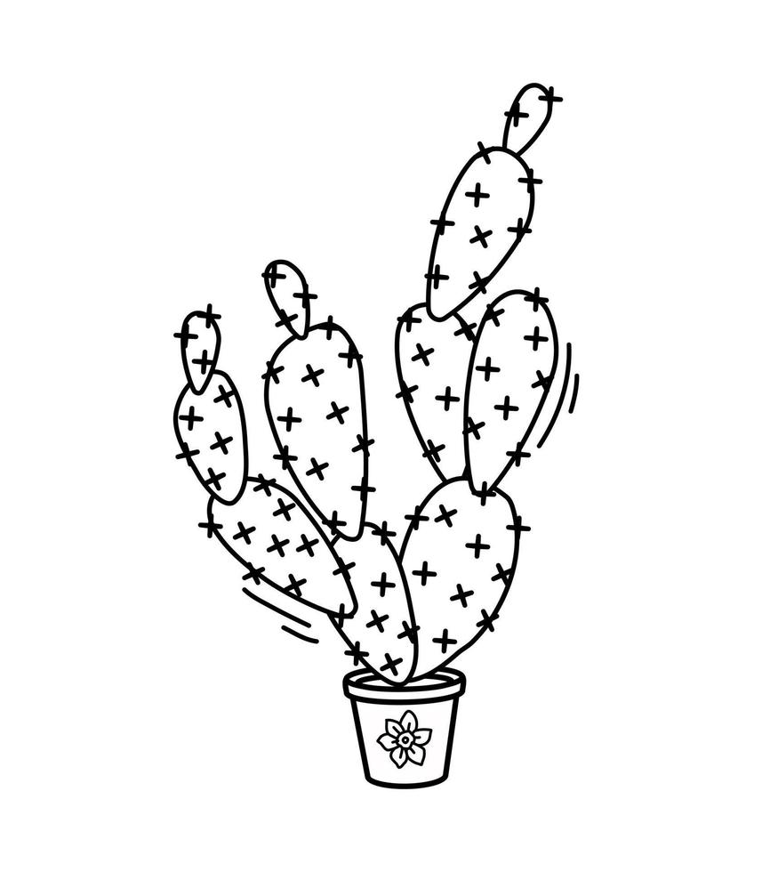 A pot with a cactus on a white background. Vector contour illustration.