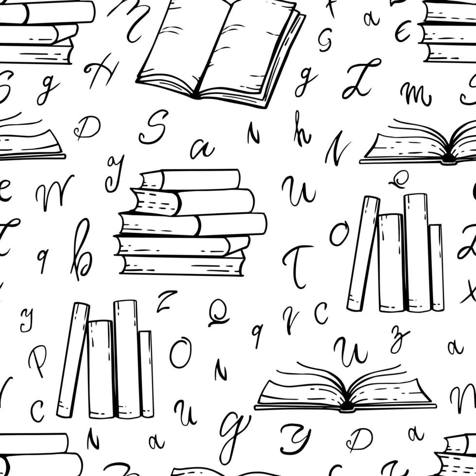 Books hand-drawn seamless pattern on white background. Vector black and white background.