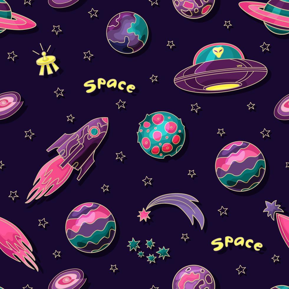 Space pattern with planets, a rocket, and UFO's. Starry sky. Vector background.