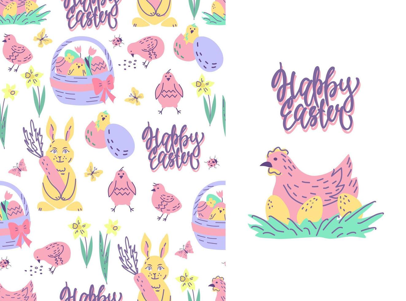 Cute Easter seamless pattern with chickens, eggs, chicken, rabbit, flowers. Happy Easter greeting card. Vector illustration.