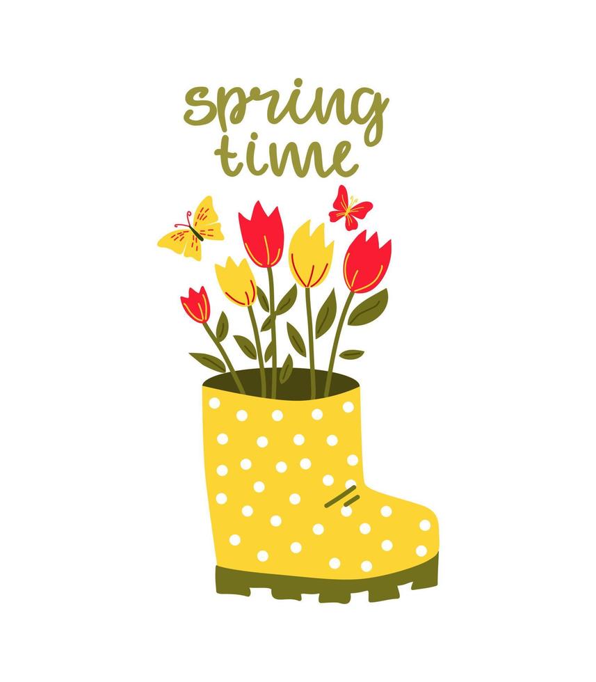 boot with a bouquet of flowers and the text Spring time. Vector hand-drawn illustration.
