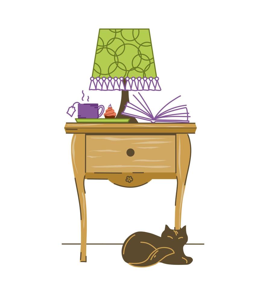 mesita de noche con una lámpara, un libro y una taza de té, y un gato. el interior del dormitorio. vector. vector