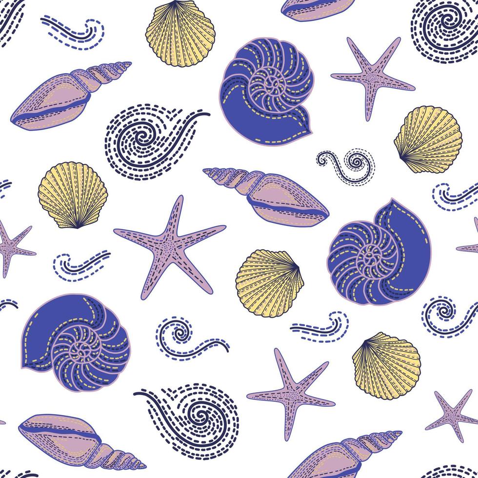 Seashells seamless pattern on white background. Sea background. Vector illustration.