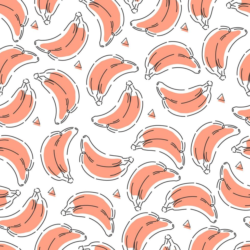 Seamless pattern of pink bananas and triangles. Stylish vector background.