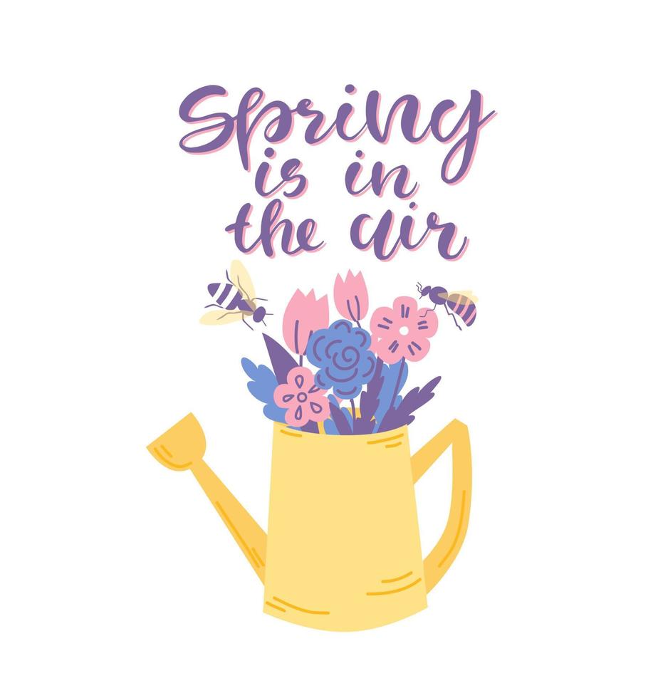watering can with flowers and the text Spring in the air. Cute spring and summer greeting card, banner, decor. Vector illustration.