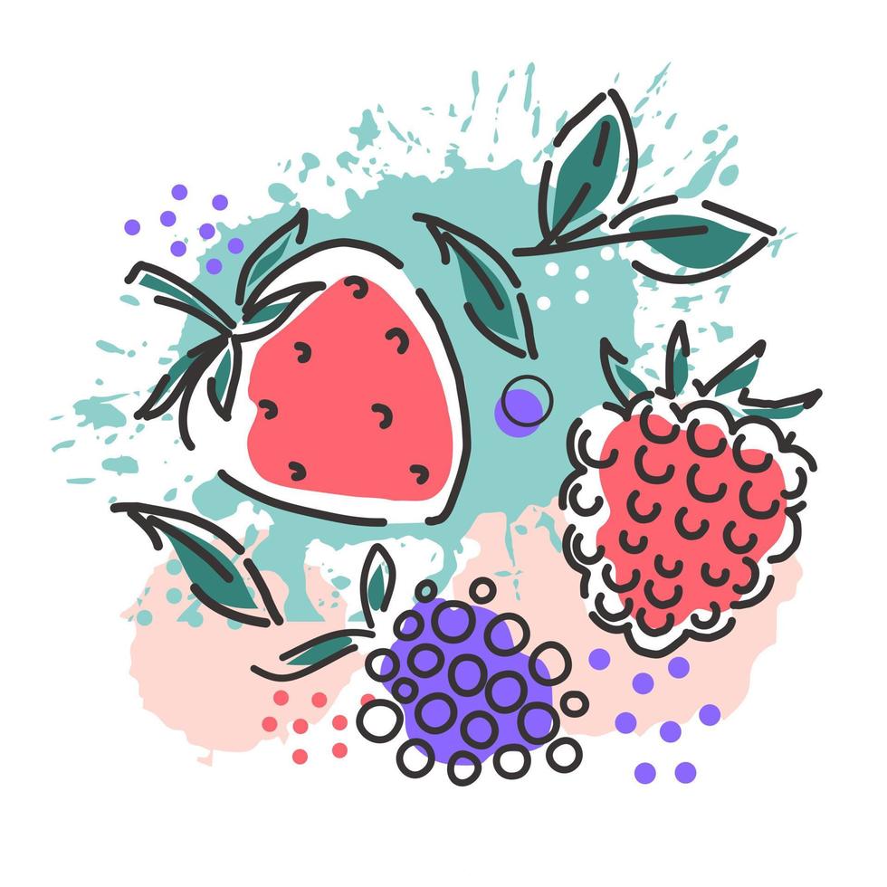 Berries  raspberries, blackberries, strawberries on an abstract background. Packaging design. Vector hand illustration.